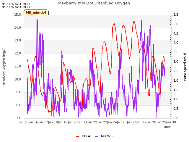 plot of Mayberry miniDot Dissolved Oxygen