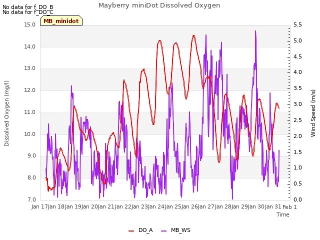 plot of Mayberry miniDot Dissolved Oxygen