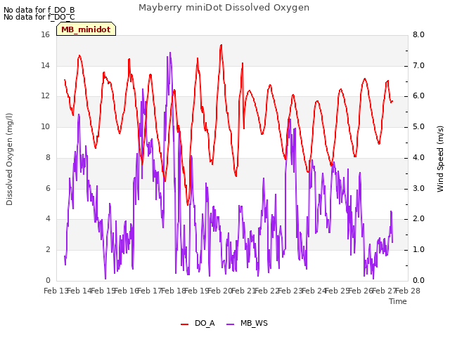 plot of Mayberry miniDot Dissolved Oxygen