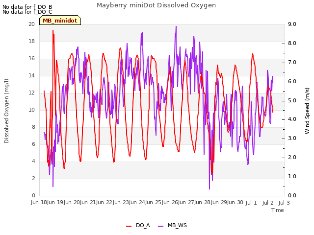 plot of Mayberry miniDot Dissolved Oxygen