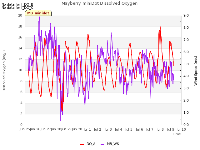 plot of Mayberry miniDot Dissolved Oxygen