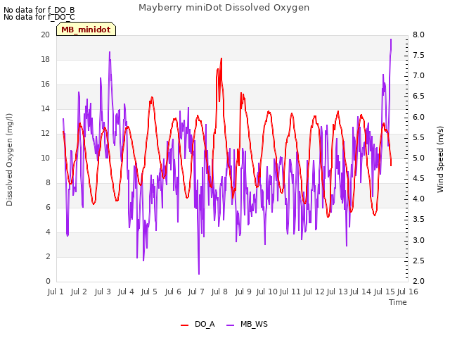 plot of Mayberry miniDot Dissolved Oxygen