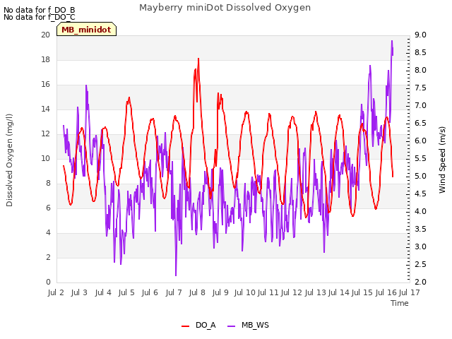 plot of Mayberry miniDot Dissolved Oxygen