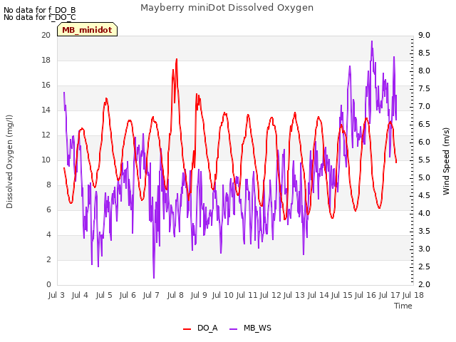 plot of Mayberry miniDot Dissolved Oxygen