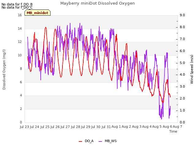 plot of Mayberry miniDot Dissolved Oxygen