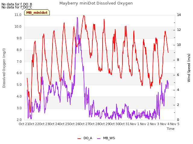 plot of Mayberry miniDot Dissolved Oxygen