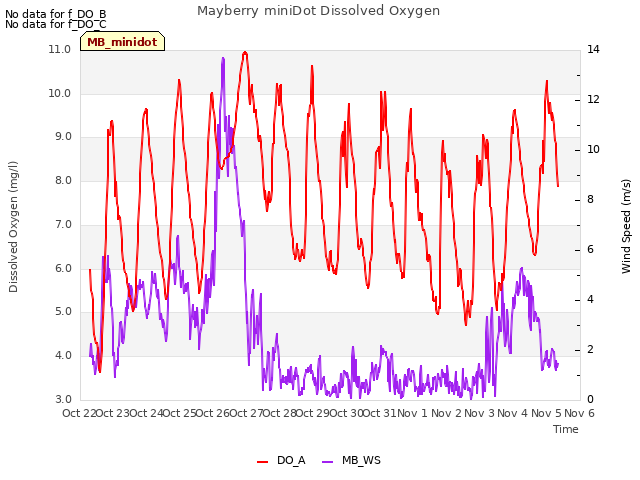 plot of Mayberry miniDot Dissolved Oxygen