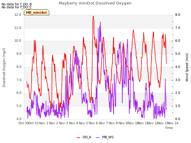 plot of Mayberry miniDot Dissolved Oxygen