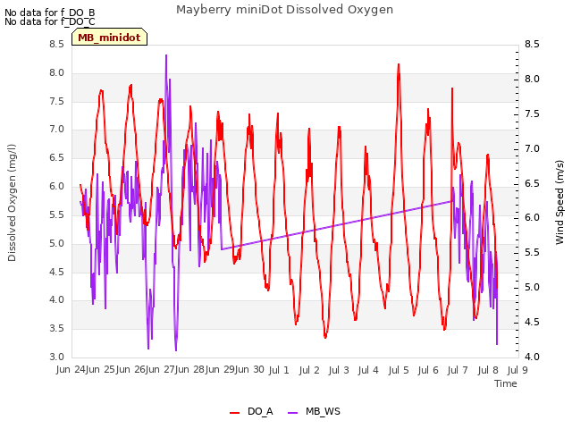 plot of Mayberry miniDot Dissolved Oxygen