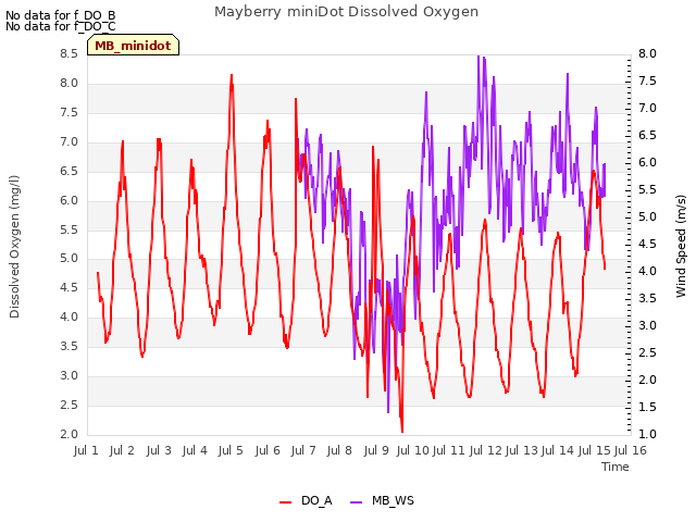 plot of Mayberry miniDot Dissolved Oxygen