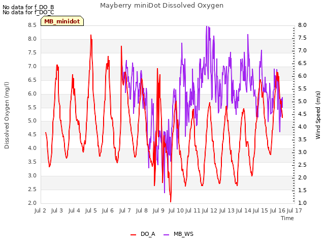 plot of Mayberry miniDot Dissolved Oxygen