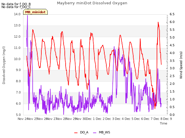 plot of Mayberry miniDot Dissolved Oxygen