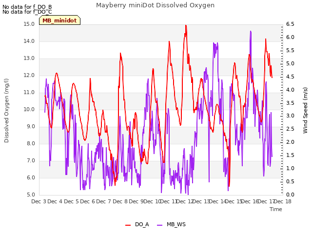 plot of Mayberry miniDot Dissolved Oxygen