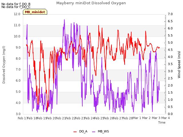 plot of Mayberry miniDot Dissolved Oxygen