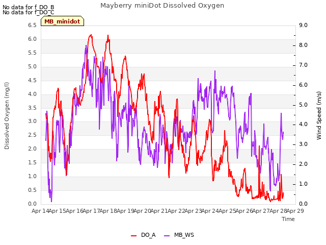 plot of Mayberry miniDot Dissolved Oxygen