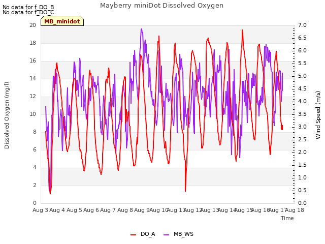 plot of Mayberry miniDot Dissolved Oxygen