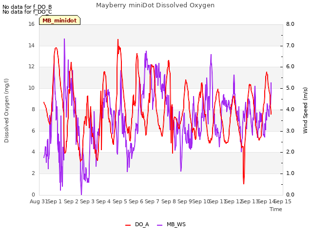 plot of Mayberry miniDot Dissolved Oxygen