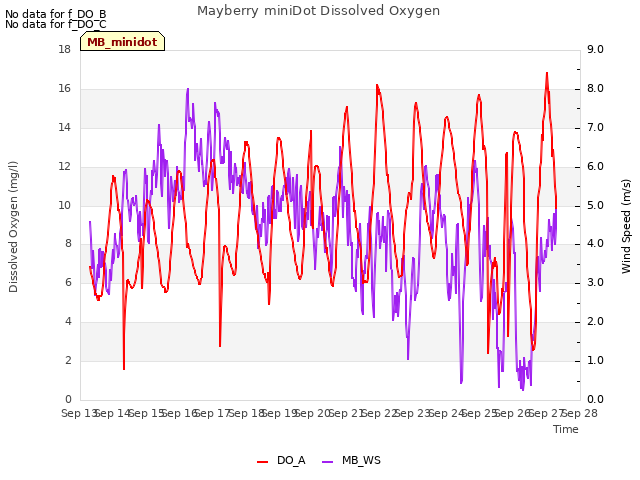 plot of Mayberry miniDot Dissolved Oxygen