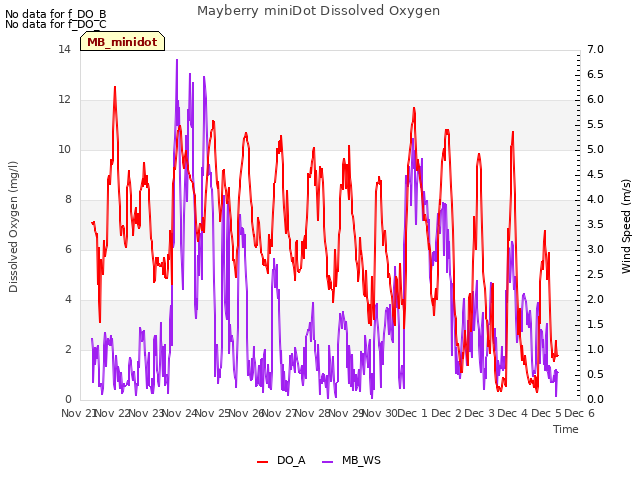 plot of Mayberry miniDot Dissolved Oxygen