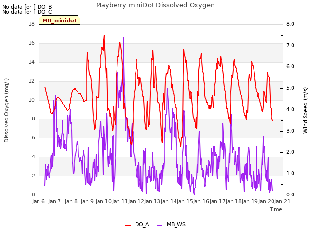 plot of Mayberry miniDot Dissolved Oxygen