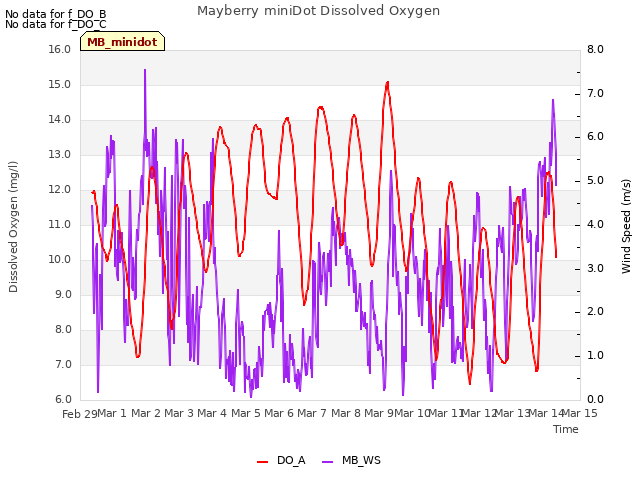 plot of Mayberry miniDot Dissolved Oxygen