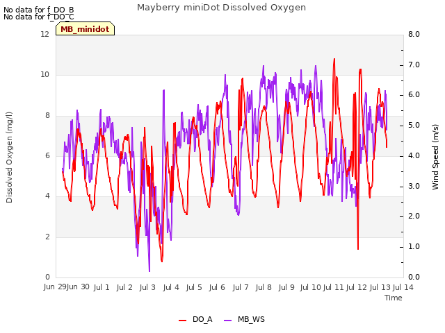 plot of Mayberry miniDot Dissolved Oxygen