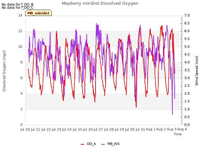 plot of Mayberry miniDot Dissolved Oxygen