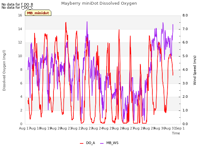 plot of Mayberry miniDot Dissolved Oxygen