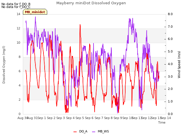 plot of Mayberry miniDot Dissolved Oxygen