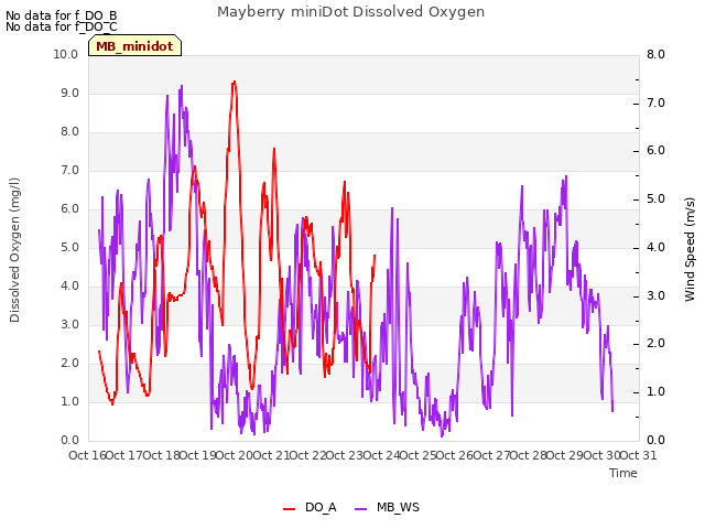 plot of Mayberry miniDot Dissolved Oxygen