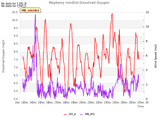 plot of Mayberry miniDot Dissolved Oxygen