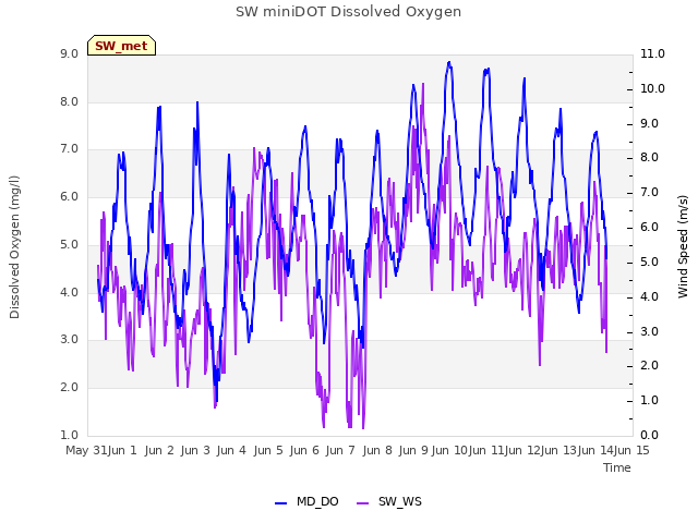 plot of SW miniDOT Dissolved Oxygen