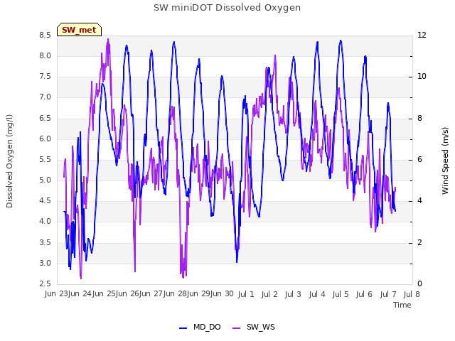 plot of SW miniDOT Dissolved Oxygen