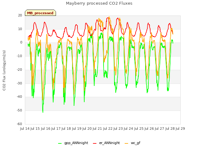 plot of Mayberry processed CO2 Fluxes