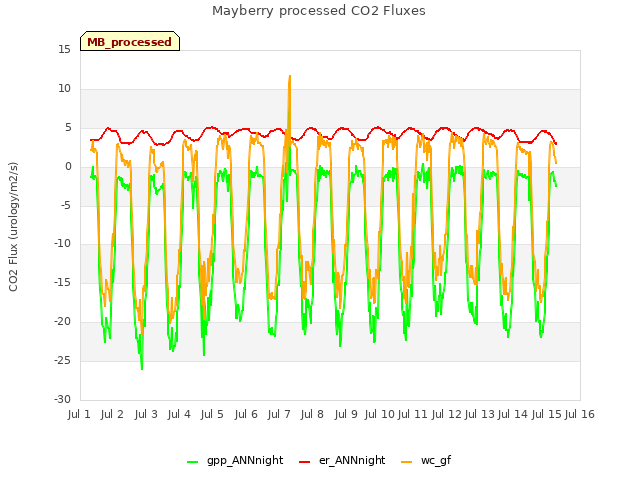 plot of Mayberry processed CO2 Fluxes