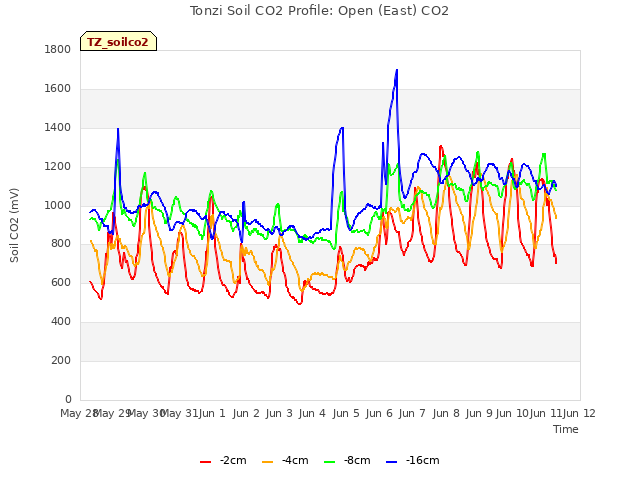 plot of Tonzi Soil CO2 Profile: Open (East) CO2