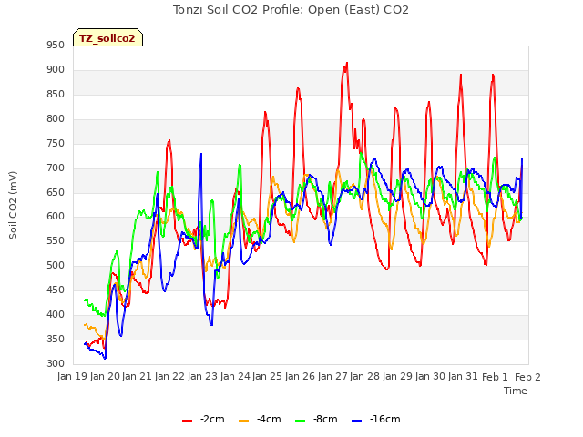 plot of Tonzi Soil CO2 Profile: Open (East) CO2