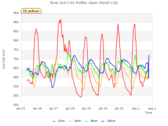 plot of Tonzi Soil CO2 Profile: Open (East) CO2