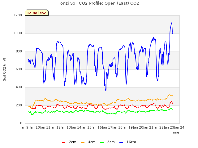 plot of Tonzi Soil CO2 Profile: Open (East) CO2