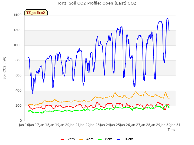 plot of Tonzi Soil CO2 Profile: Open (East) CO2