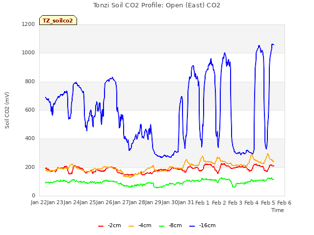 plot of Tonzi Soil CO2 Profile: Open (East) CO2