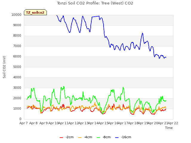 plot of Tonzi Soil CO2 Profile: Tree (West) CO2