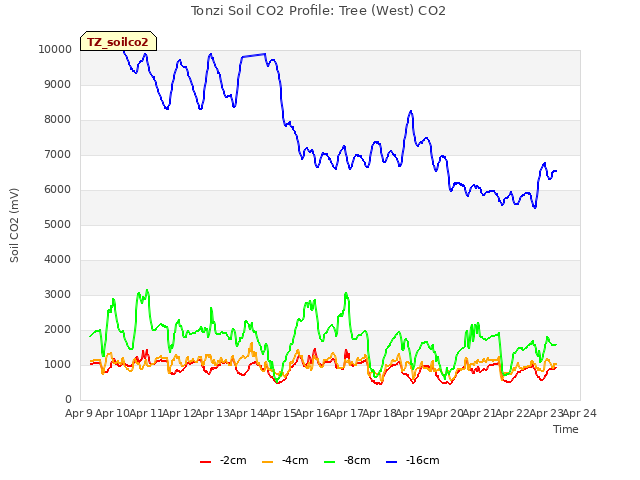 plot of Tonzi Soil CO2 Profile: Tree (West) CO2