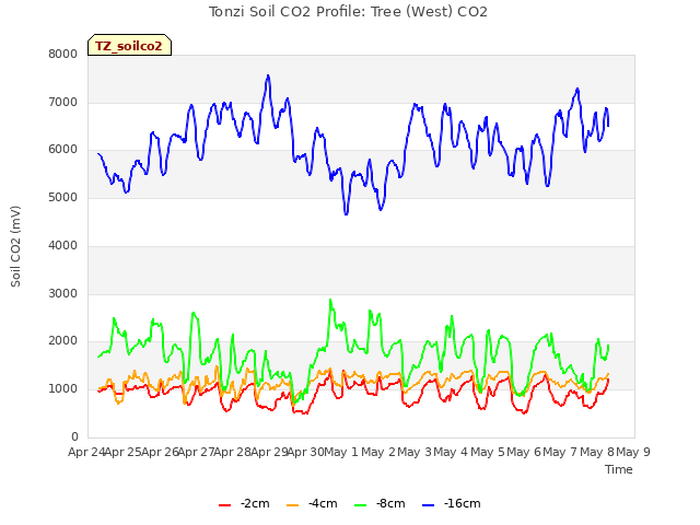 plot of Tonzi Soil CO2 Profile: Tree (West) CO2