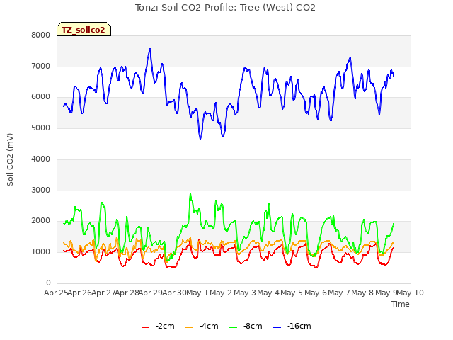 plot of Tonzi Soil CO2 Profile: Tree (West) CO2