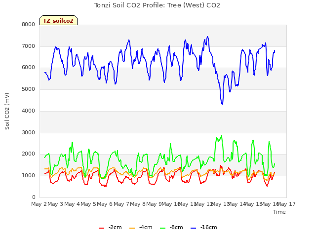 plot of Tonzi Soil CO2 Profile: Tree (West) CO2