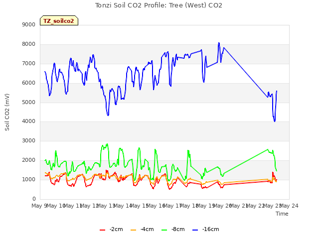 plot of Tonzi Soil CO2 Profile: Tree (West) CO2