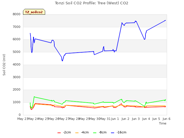 plot of Tonzi Soil CO2 Profile: Tree (West) CO2