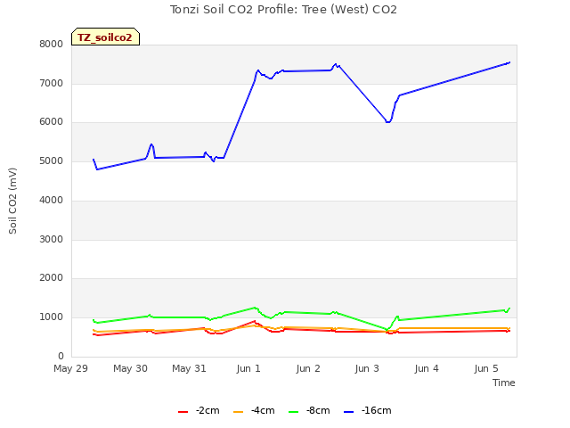 plot of Tonzi Soil CO2 Profile: Tree (West) CO2