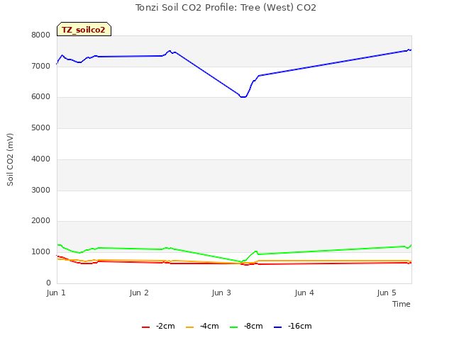 plot of Tonzi Soil CO2 Profile: Tree (West) CO2